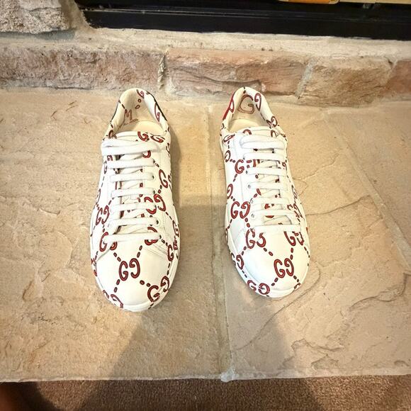 Gucci Ace GG Tennis Print Leather Sneakers White Red Green 8.5 Designer Luxe main image 4